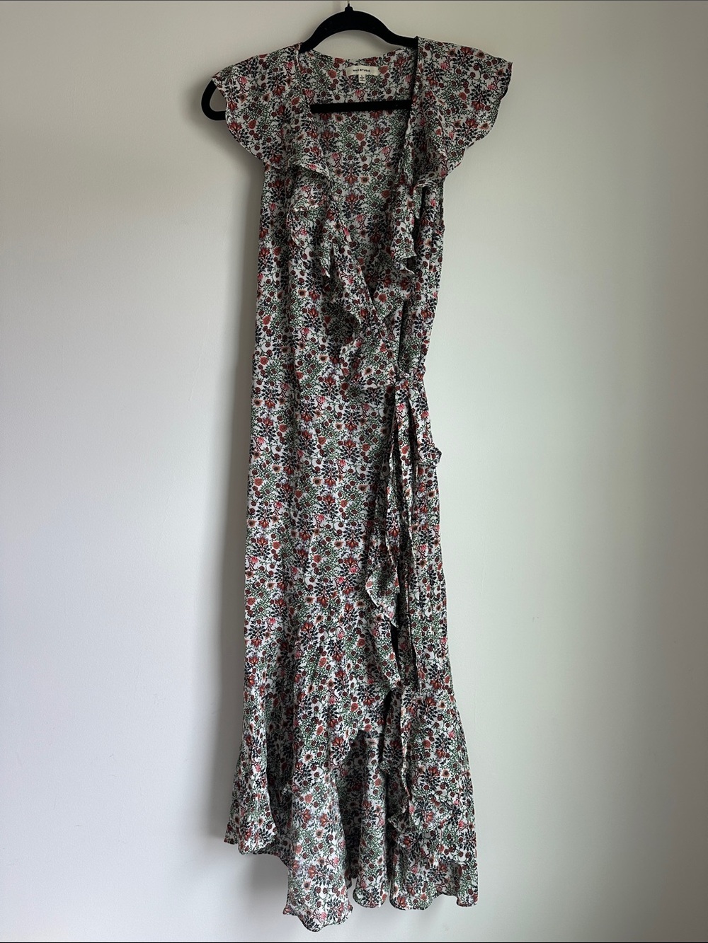 Floral Ruffle Wrap Maxi Dress in White with Pink, Coral, Burgundy, & Green